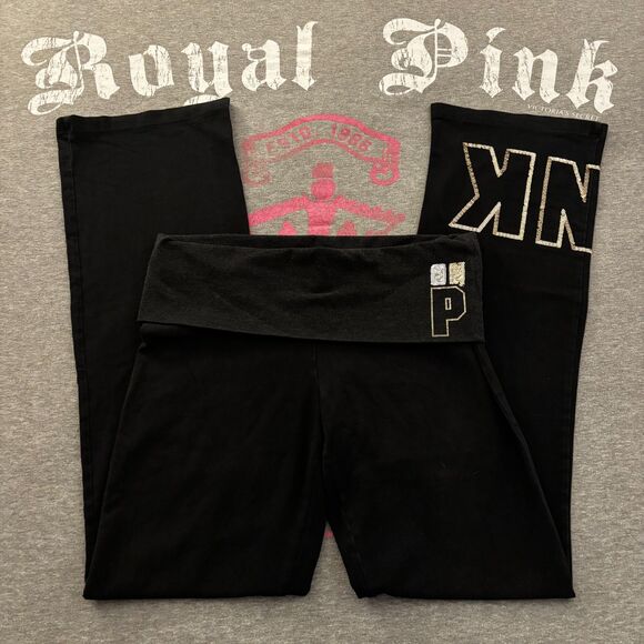 PINK Victoria's Secret Pants - Victoria’s Secret PINK Foldover Flare Leggings Gold Sequin Bling Logo - Medium